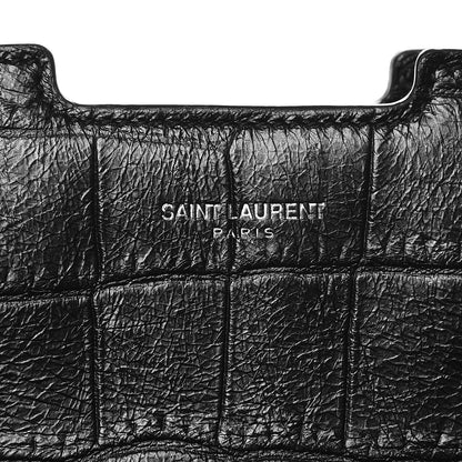 Saint Laurent Calfskin Crocodile Embossed Small Monogram Cabas Black 6 of 9
