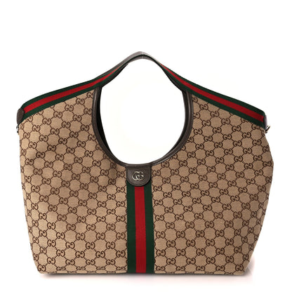 Gucci GG Supreme Monogram Web Large Giglio Tote Beige Dark Brown 1 of 9