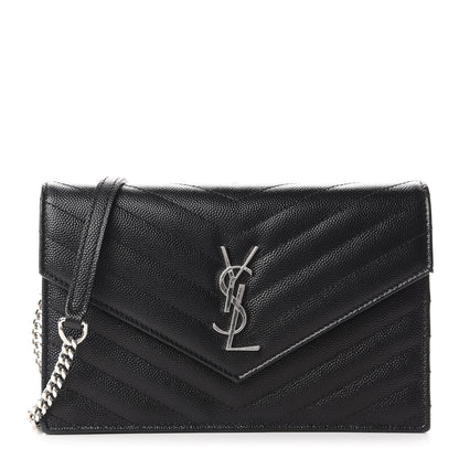 Saint Laurent Grain De Poudre Matelasse Chevron Monogram Envelope Chain Wallet Black 1 of 10