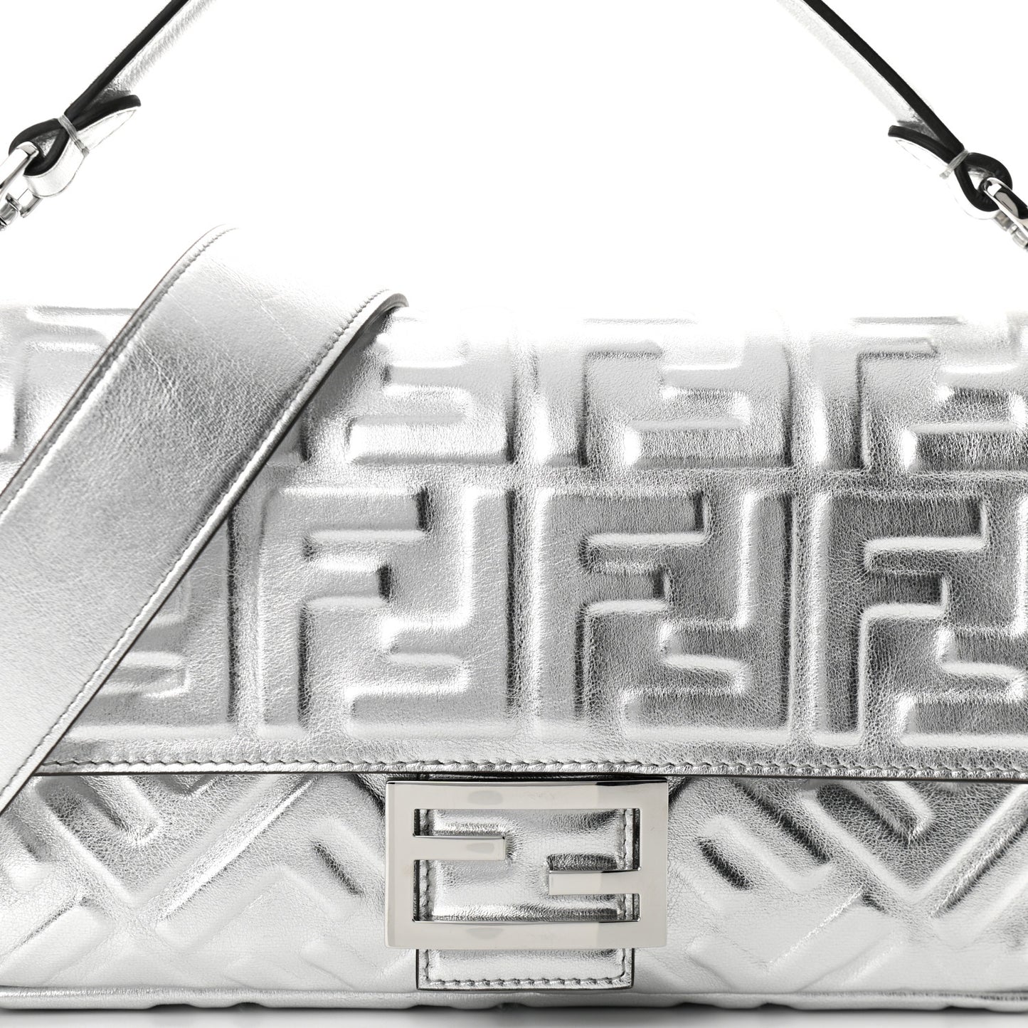 Vitello Catalan Mirror FF 1974 Embossed Baguette Argento