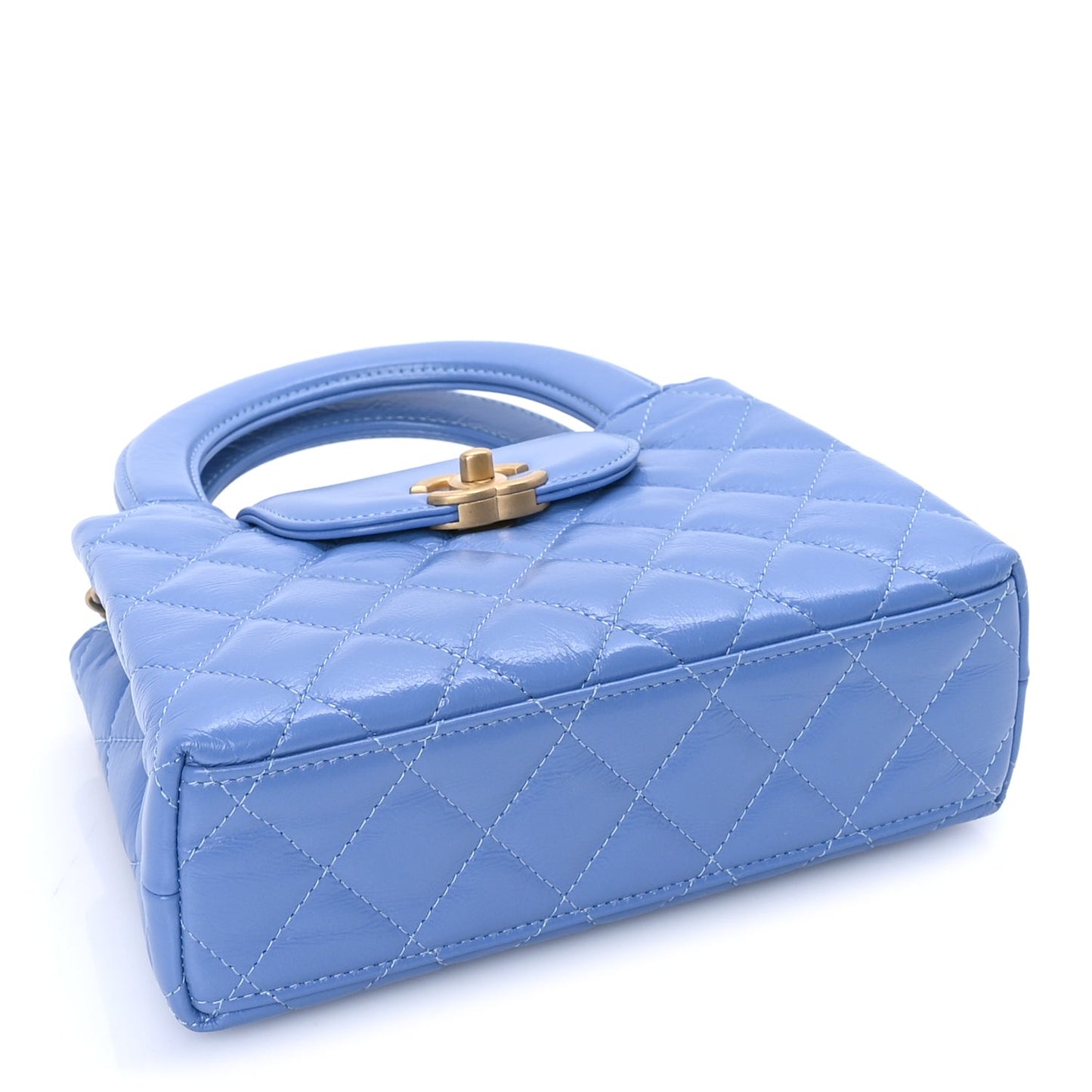 Shiny Aged Calfskin Quilted Nano Kelly Shopper Blue Blue