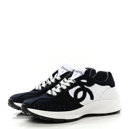 Chanel Suede Perforated Womens CC Sneakers 35.5 Navy White 3 of 8