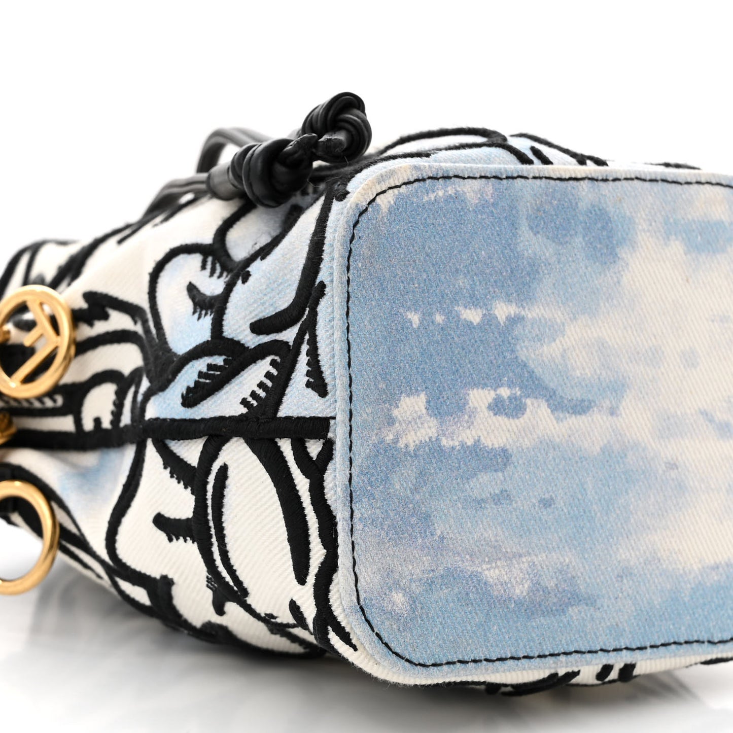 X JOSHUA VIDES Fabric Flower Clouds Embroidered Mini Mon Tresor Bucket Bag White Celeste Black