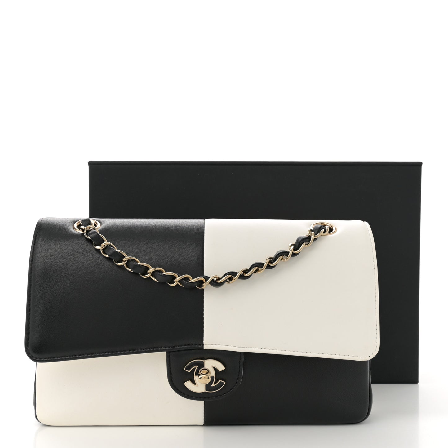 Lambskin Geometric Patchwork Medium Double Flap White Black