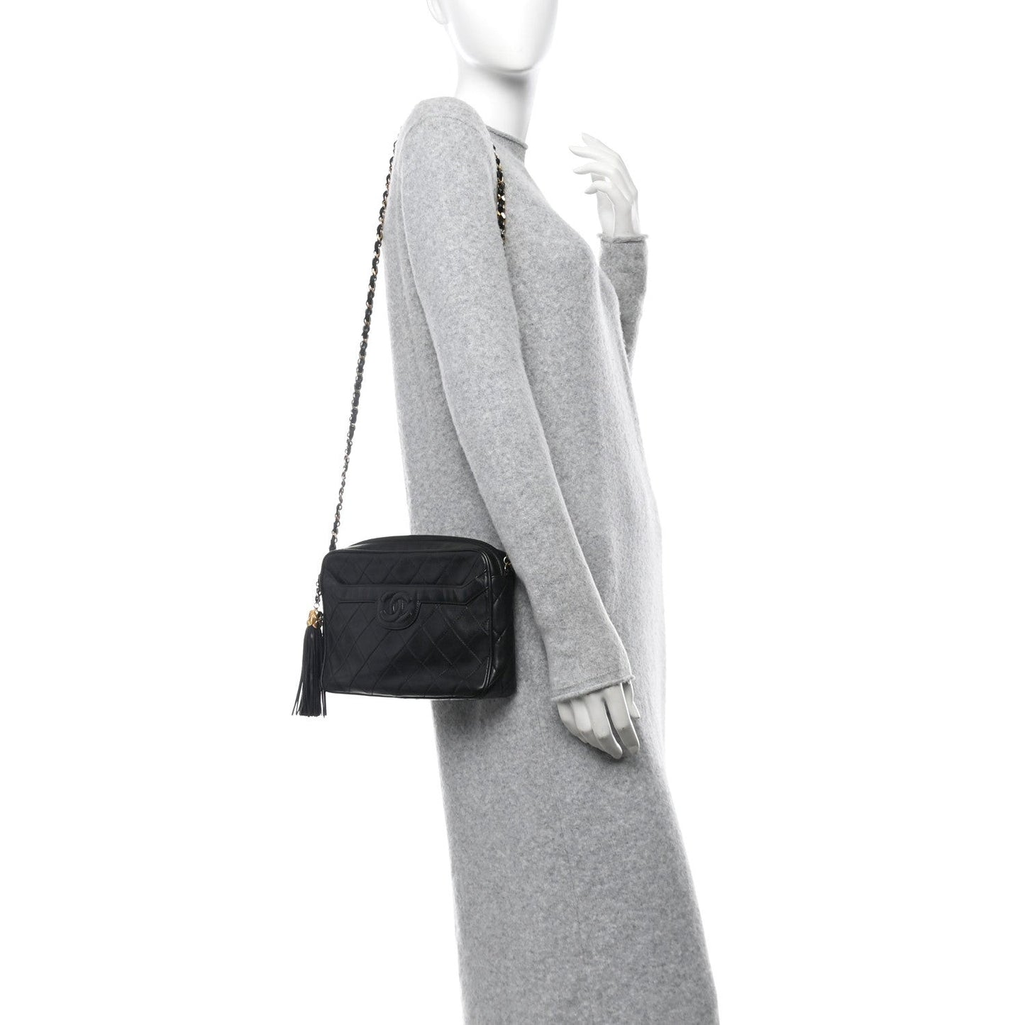 Lambskin Quilted Tassel Camera Case Black