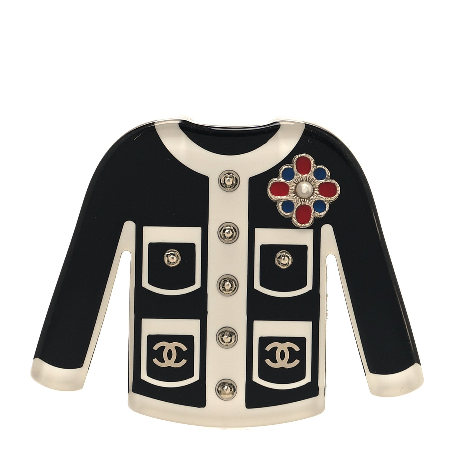 Chanel Resin Pearl Tweed Cardigan CC Brooch Black White 1 of 4