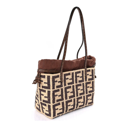 Fendi Raffia Cuoio Romano FF Crochet Small Roll Shopper Natural Dark Honey 2 of 7