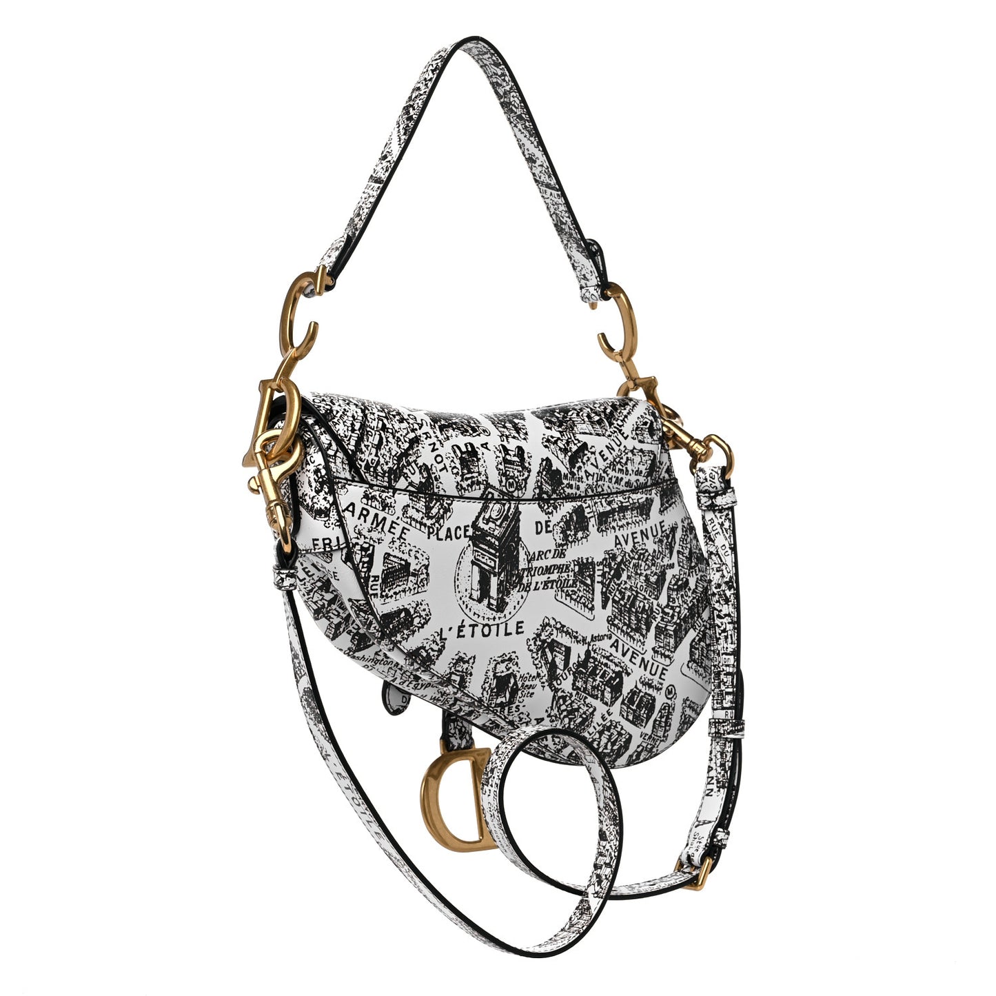 Calfskin Plan De Paris Printed Saddle Bag With Strap White Black