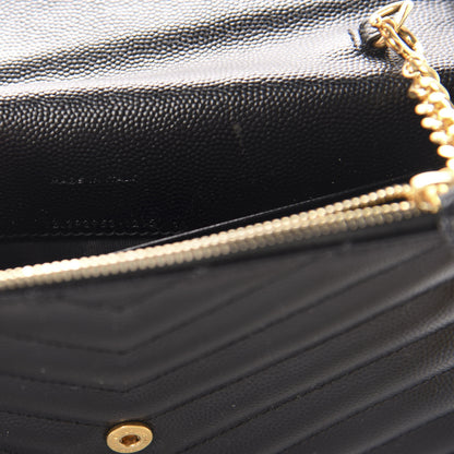 Saint Laurent Grain De Poudre Matelasse Chevron Monogram Envelope Chain Wallet Black 9 of 10