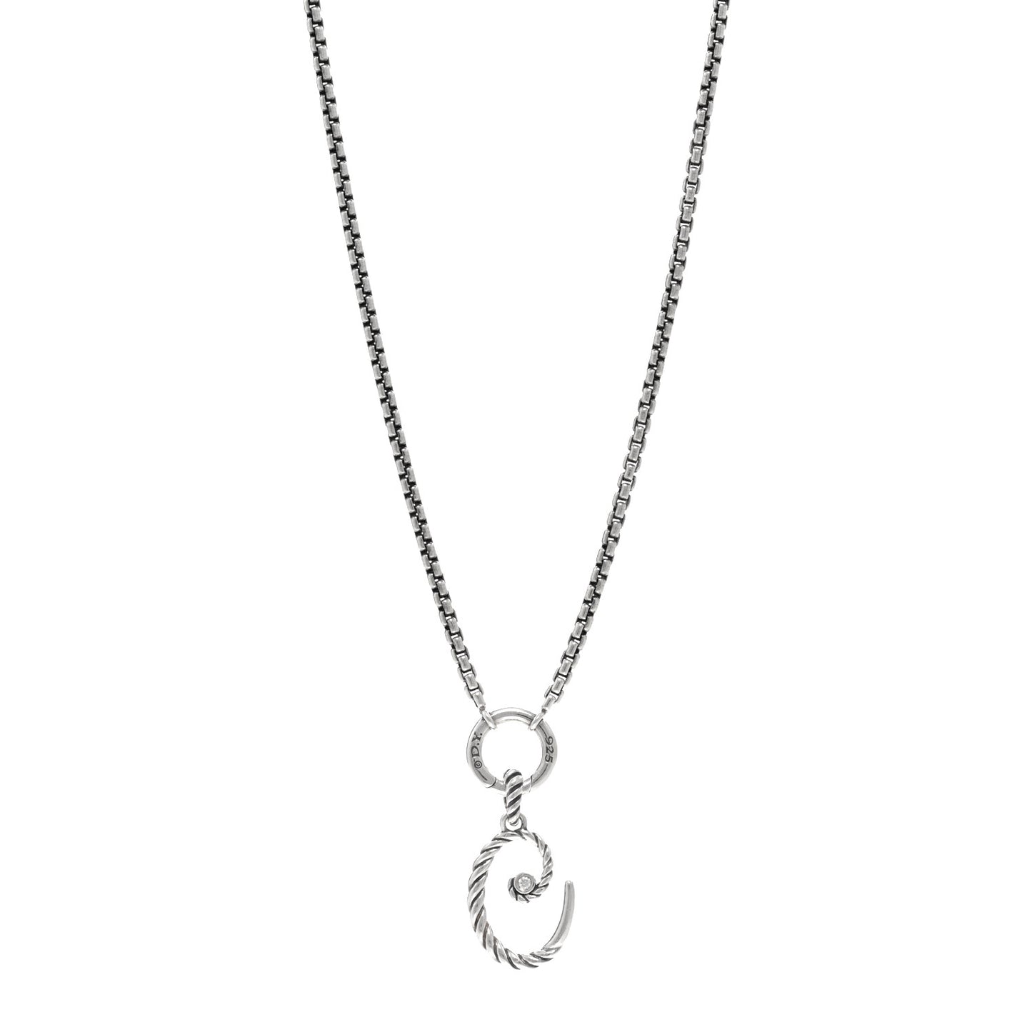 Sterling Silver Diamond Initial C Charm Smooth Amulet Vehicle Box Chain Necklace