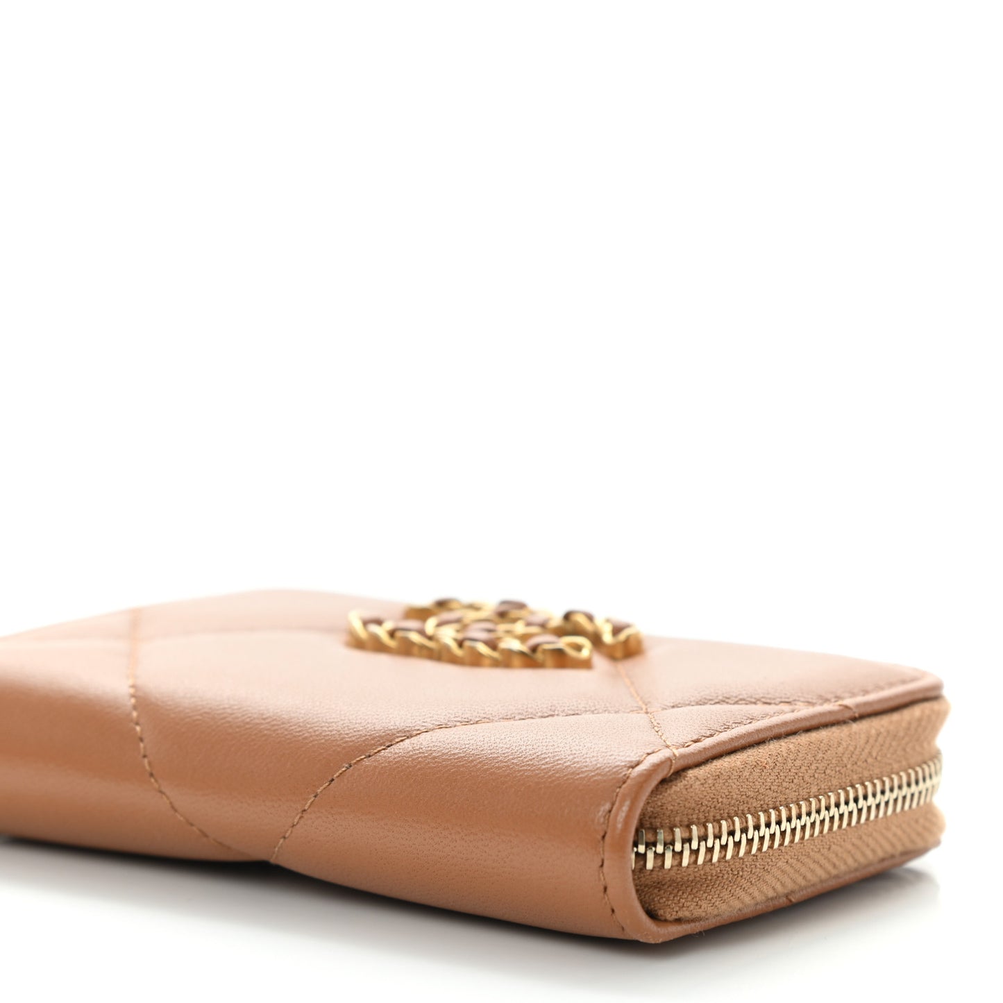 Lambskin Quilted Chanel 19 Zip Around Coin Purse Wallet Brown