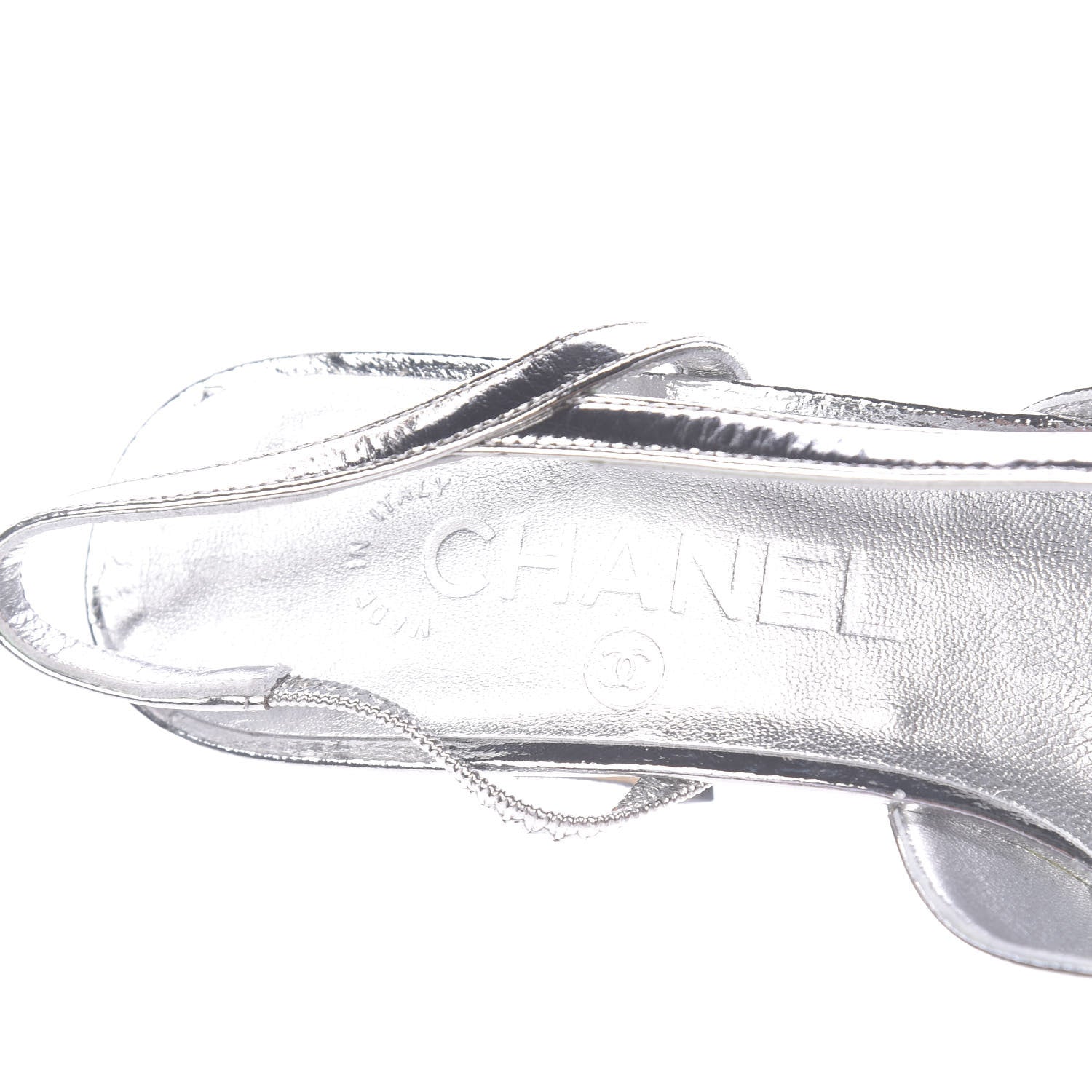 Chanel Laminated Lambskin Grosgrain Cap Toe CC Slingback Sandals 36 Silver Black 7 of 13