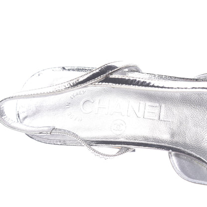 Chanel Laminated Lambskin Grosgrain Cap Toe CC Slingback Sandals 36 Silver Black 7 of 13