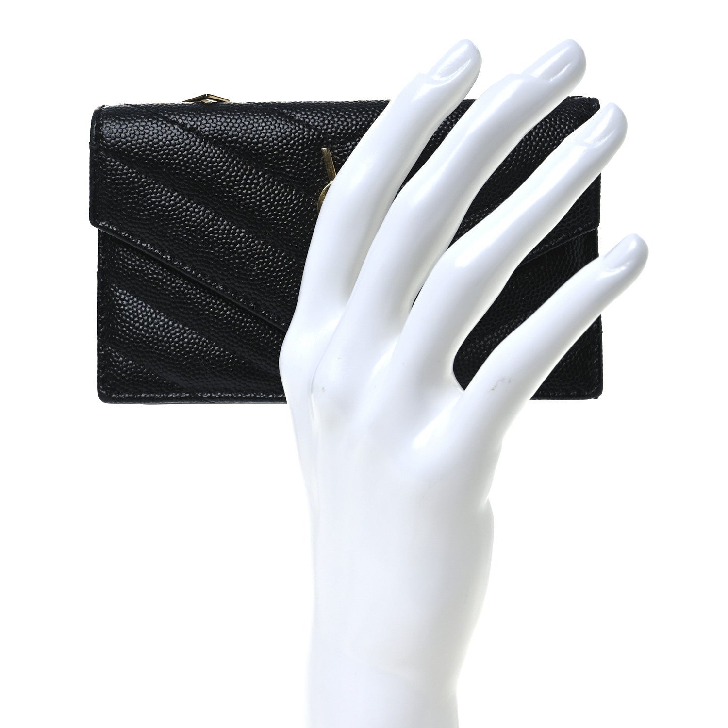 Saint Laurent Grain De Poudre Matelasse Chevron Monogram Compact Wallet Black 2 of 7