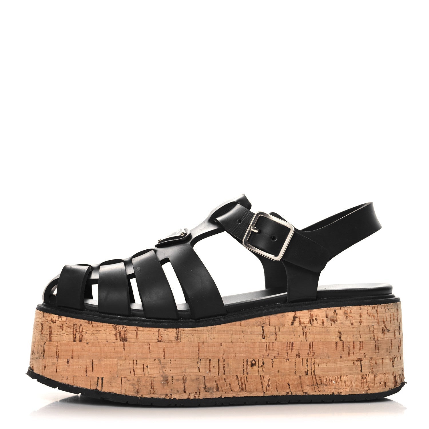 Prada Rubber Soft Cork Triangle Fisherman 75mm Platform Sandals 37 Black 1 of 7