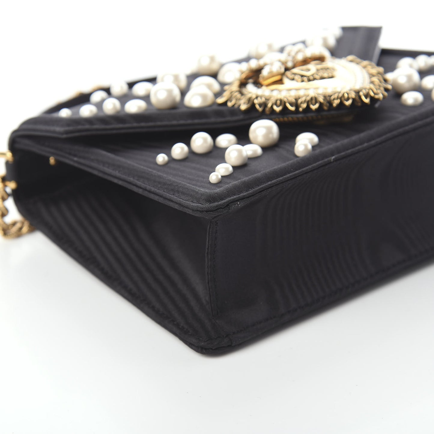 Moire Pearl Embellished Small Devotion Top Handle Bag Black