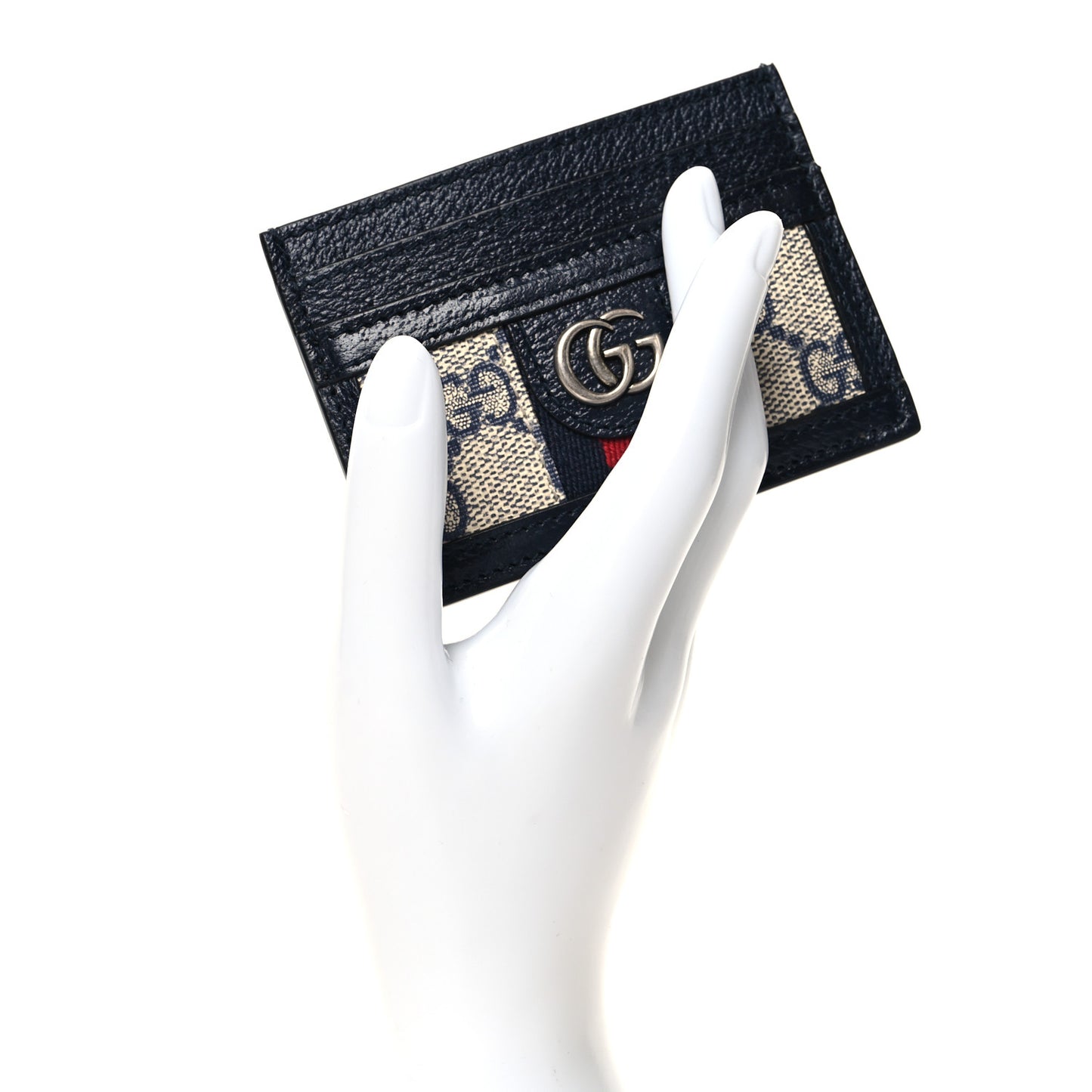 GG Supreme Monogram Textured Dollar Calfskin Web Ophidia Card Holder Beige Blue