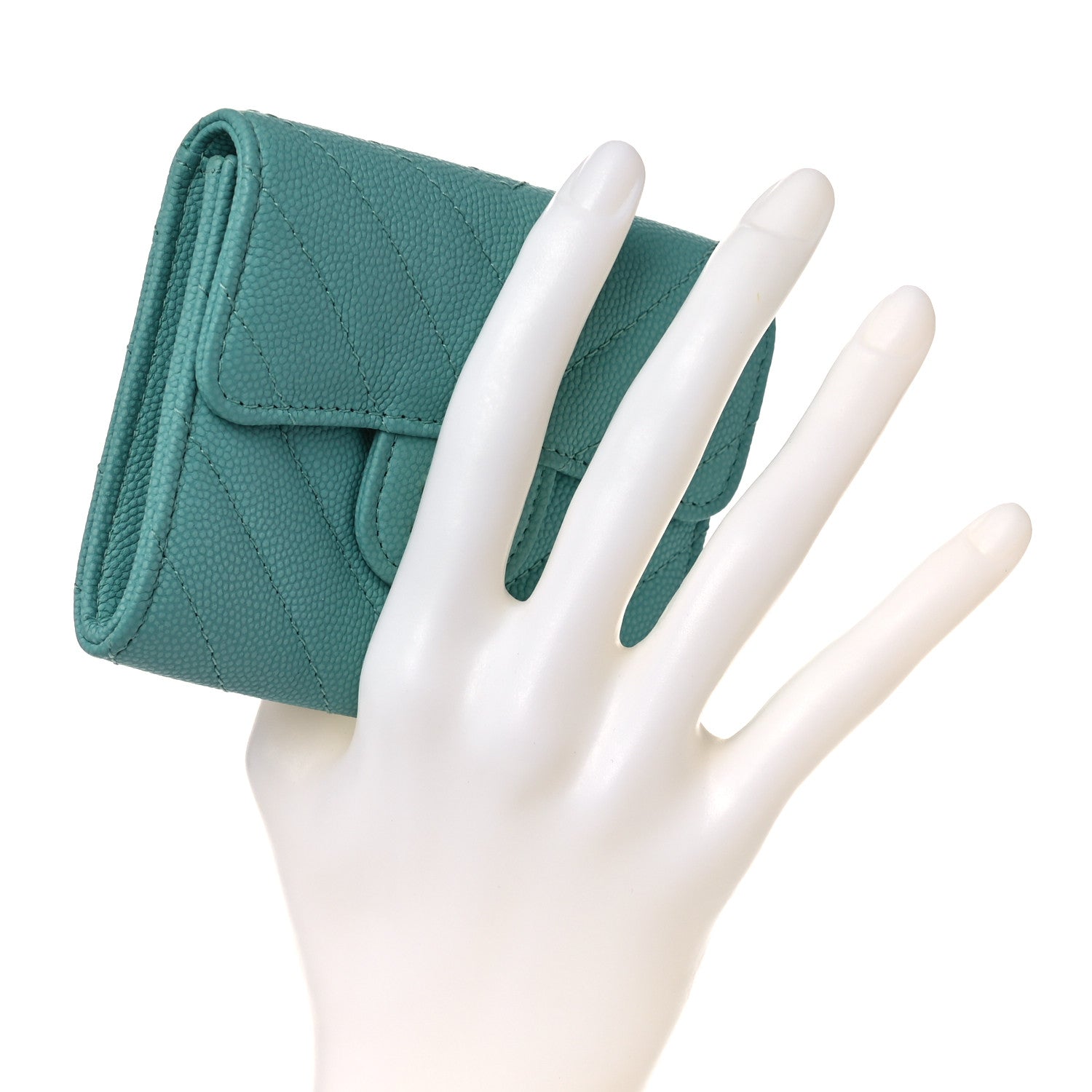 Chanel Caviar Flat Chevron Quilted Card Holder Wallet Green 2 of 10