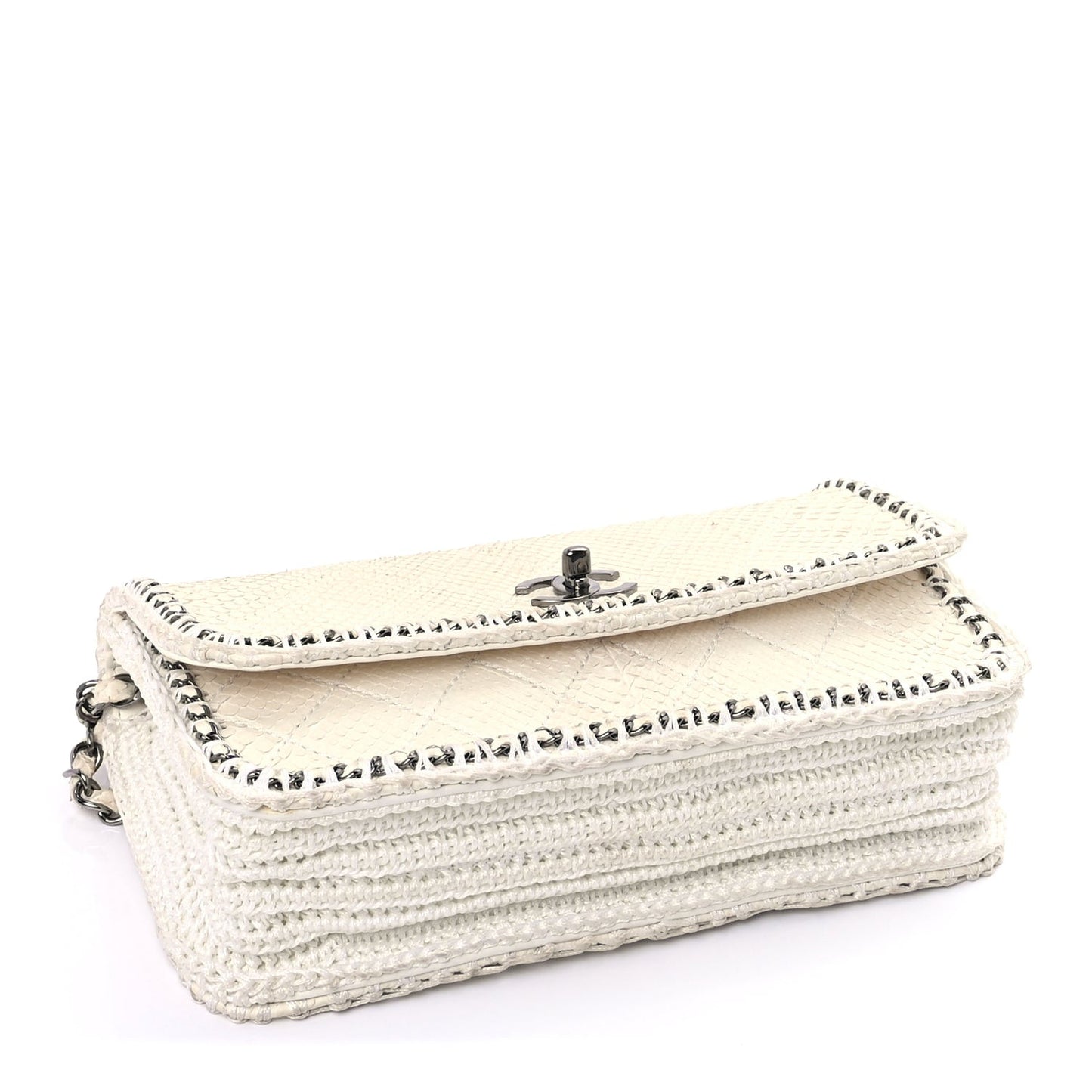 Snakeskin Crochet Quilted Flap Bag Beige