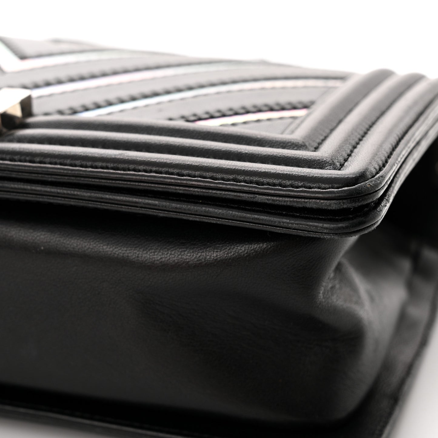 Lambskin Iridescent PVC Chevron Quilted Medium Boy Flap Black Silver