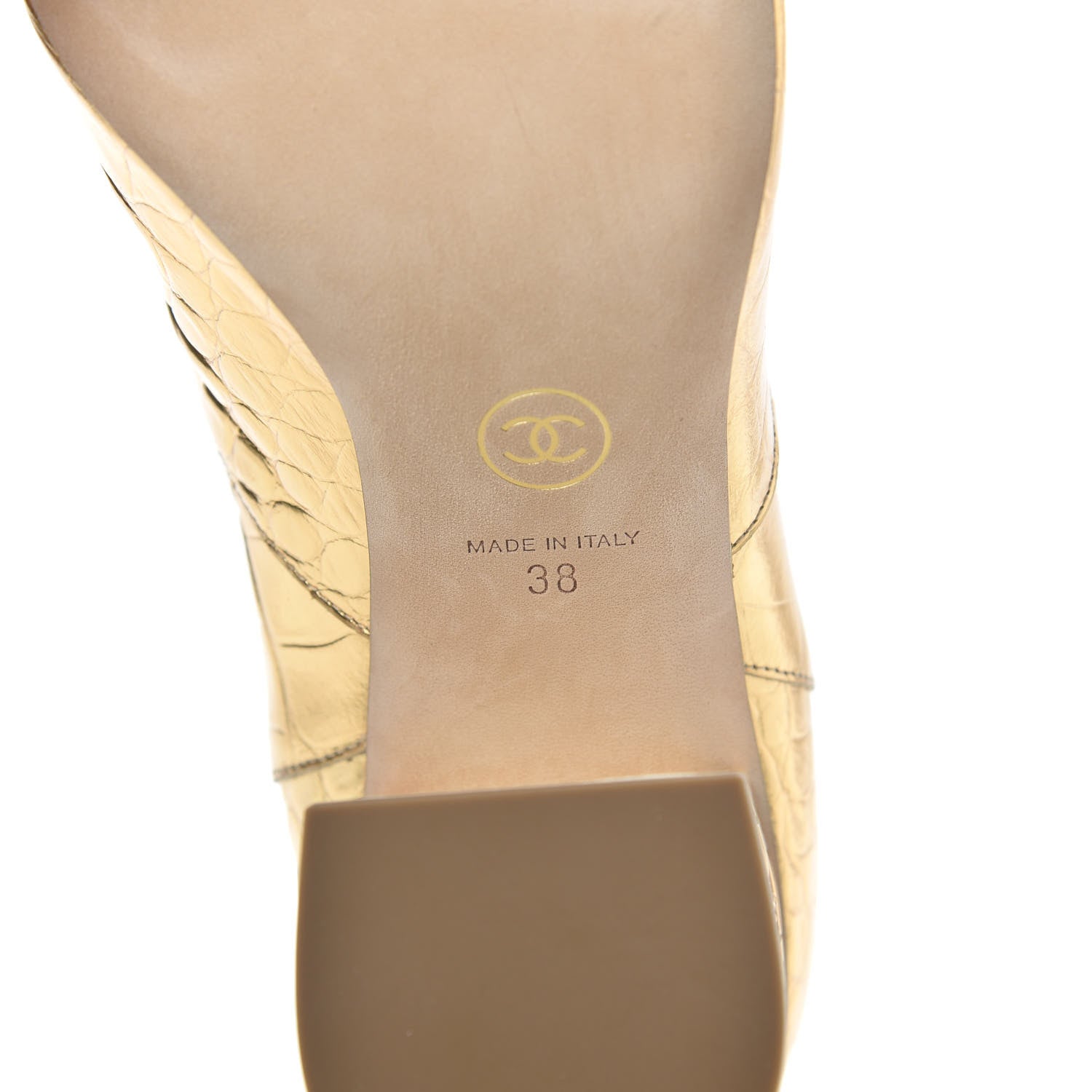 Chanel Calfskin Crocodile Embossed Cap Toe High Boots 38 Gold 6 of 8
