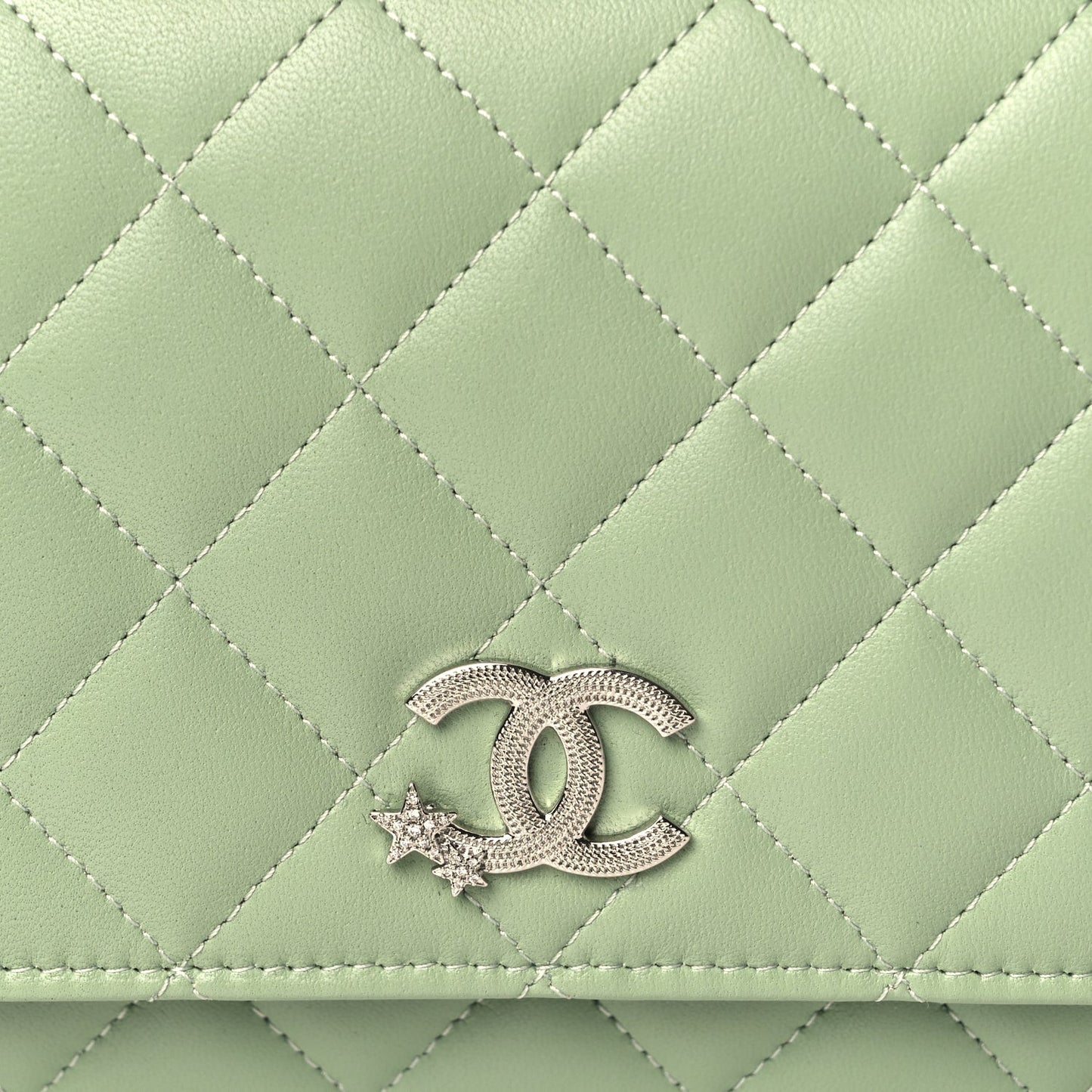 Lambskin Quilted Crystal Star Wallet On Chain WOC Green