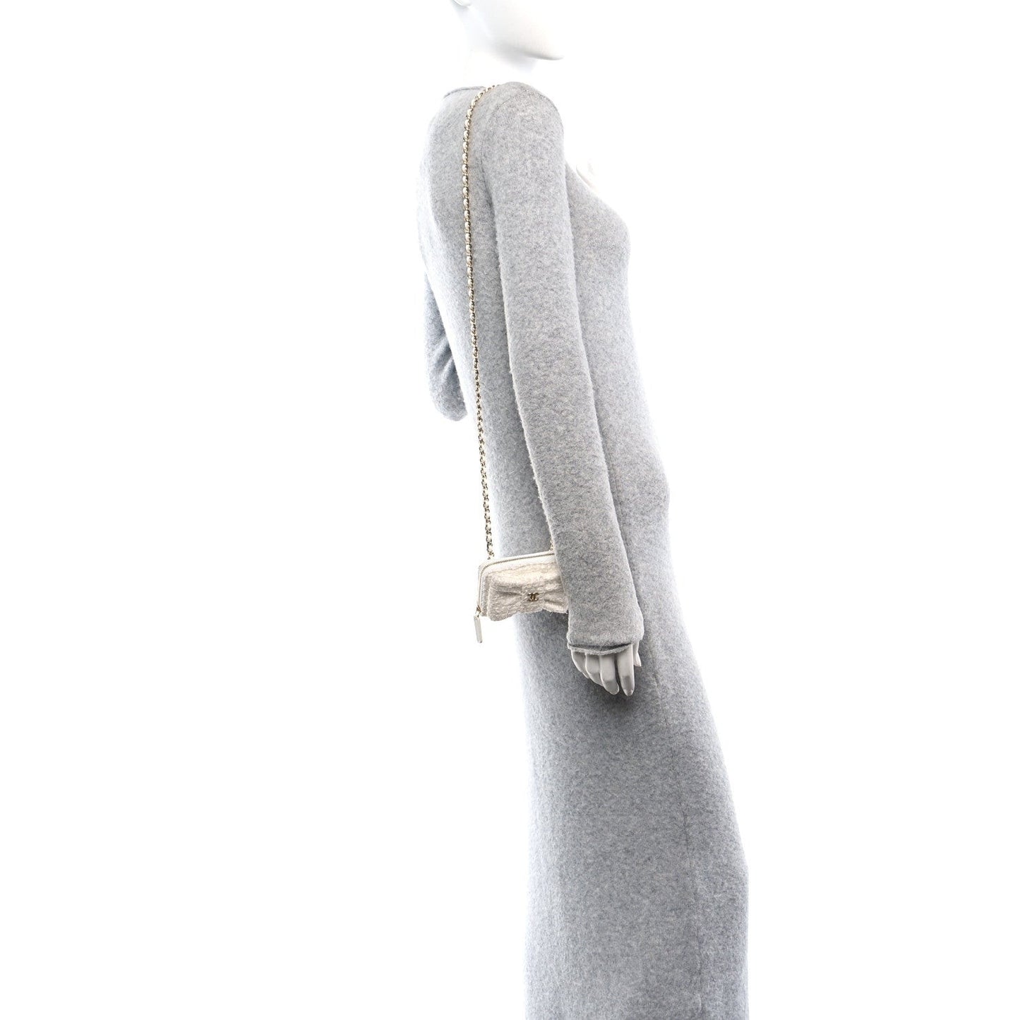 Tweed Quilted Bow Flap Card Holder On Chain White