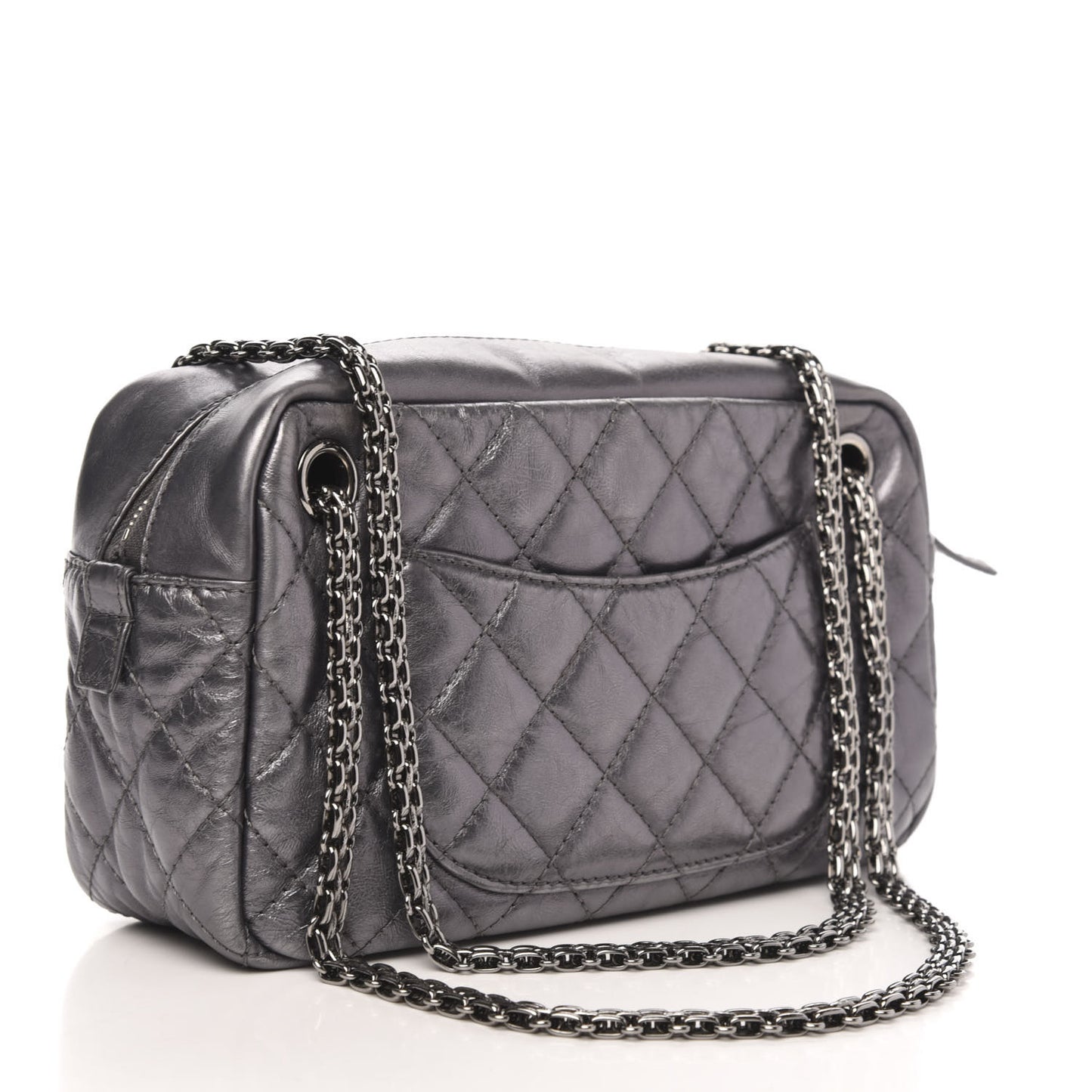 Metallic Aged Calfskin Quilted Medium Reissue Camera Case Dark Silver