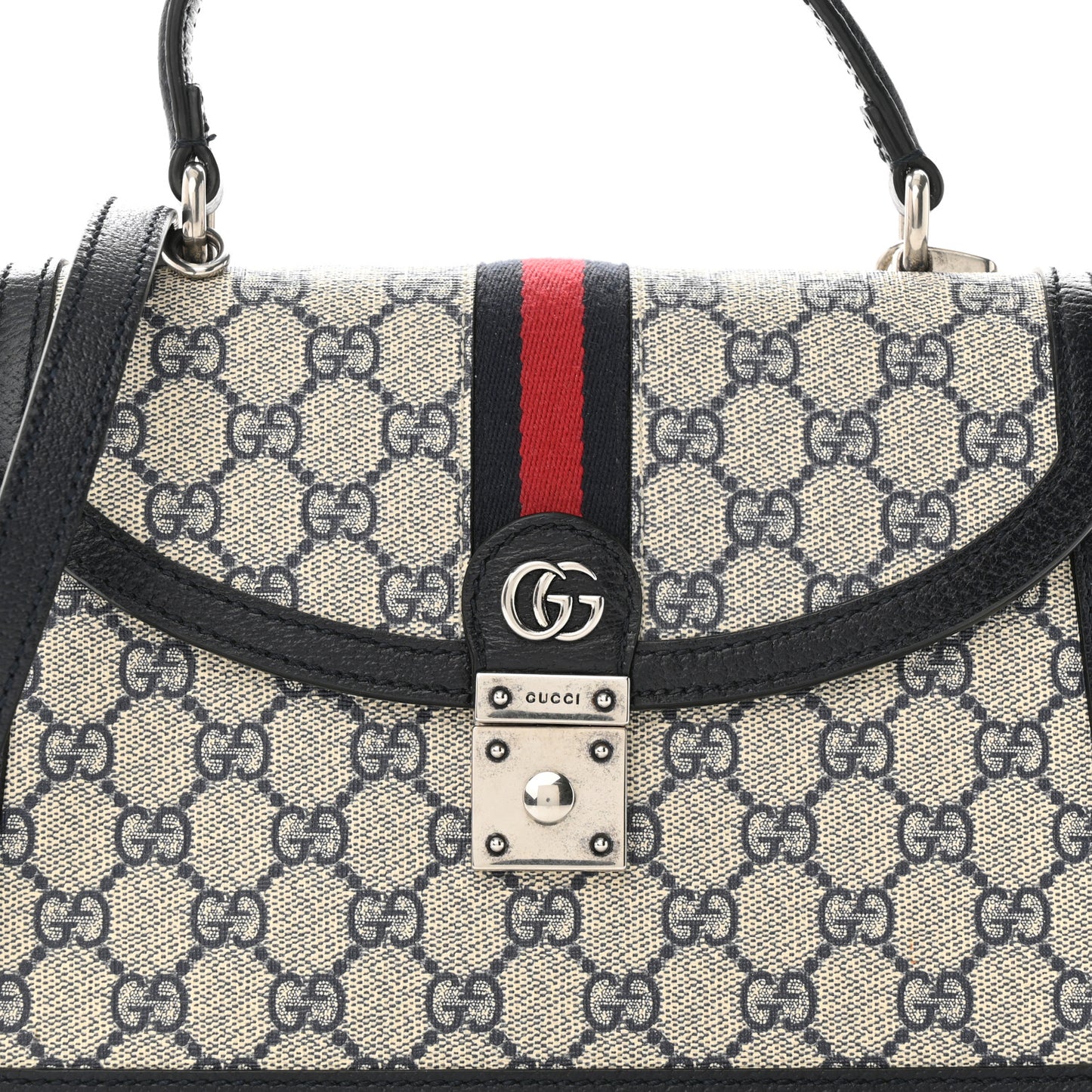 GG Supreme Monogram Textured Dollar Calfskin Web Small Ophidia Padlock Top Handle Bag Beige Blue