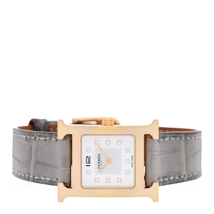 Hermes Stainless Steel Alligator Diamond Mother of Pearl 21mm Heure H Hour Quartz Watch Gris Perle 2 of 5