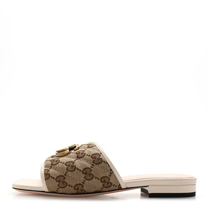 Gucci Monogram Matelasse Diagonal GG Marmont Flat Slide Sandals 35 Beige Ebony Mystic White 1 of 7