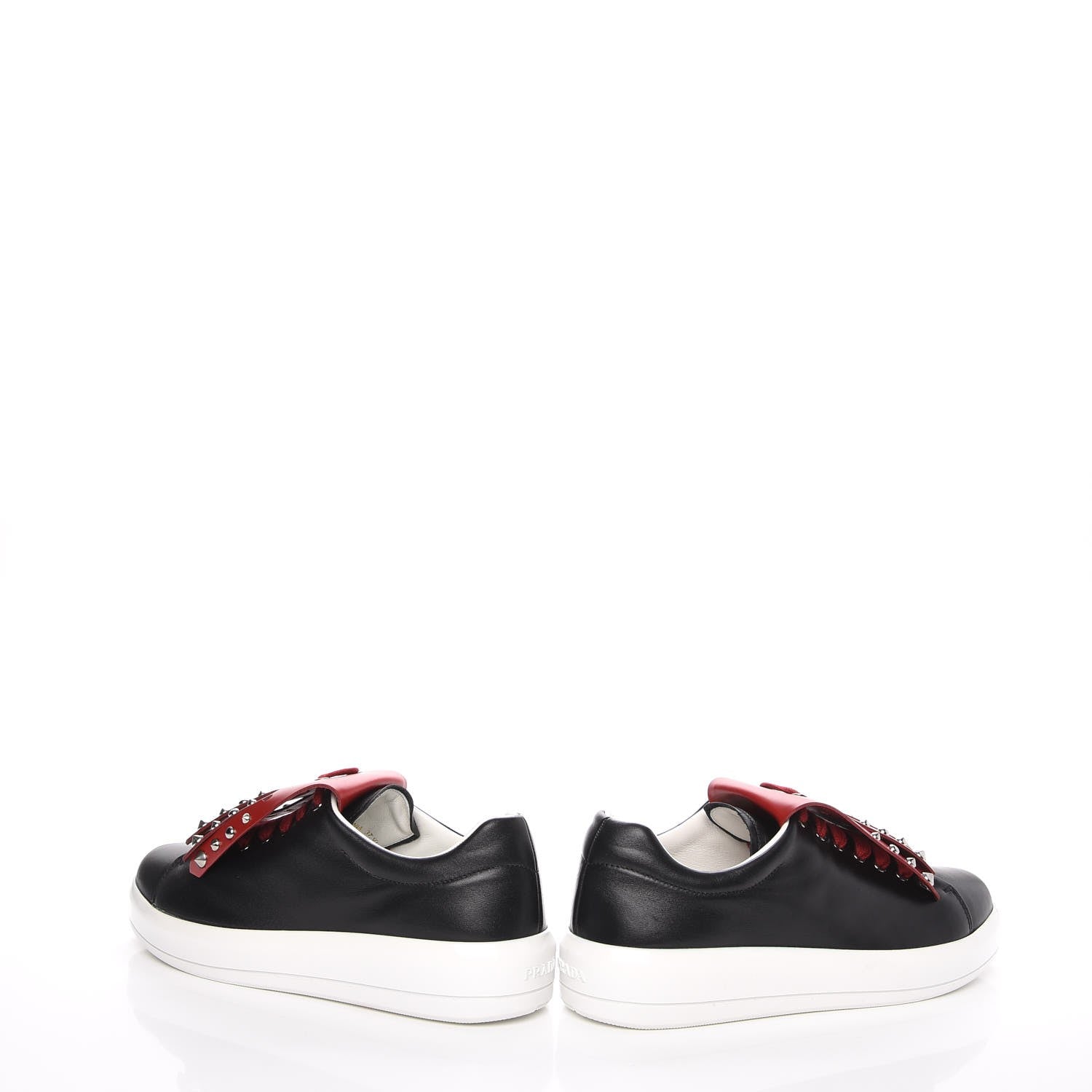 Prada Vitello Soft Studded Fringe Sneakers 37.5 Black Rosso 5 of 14