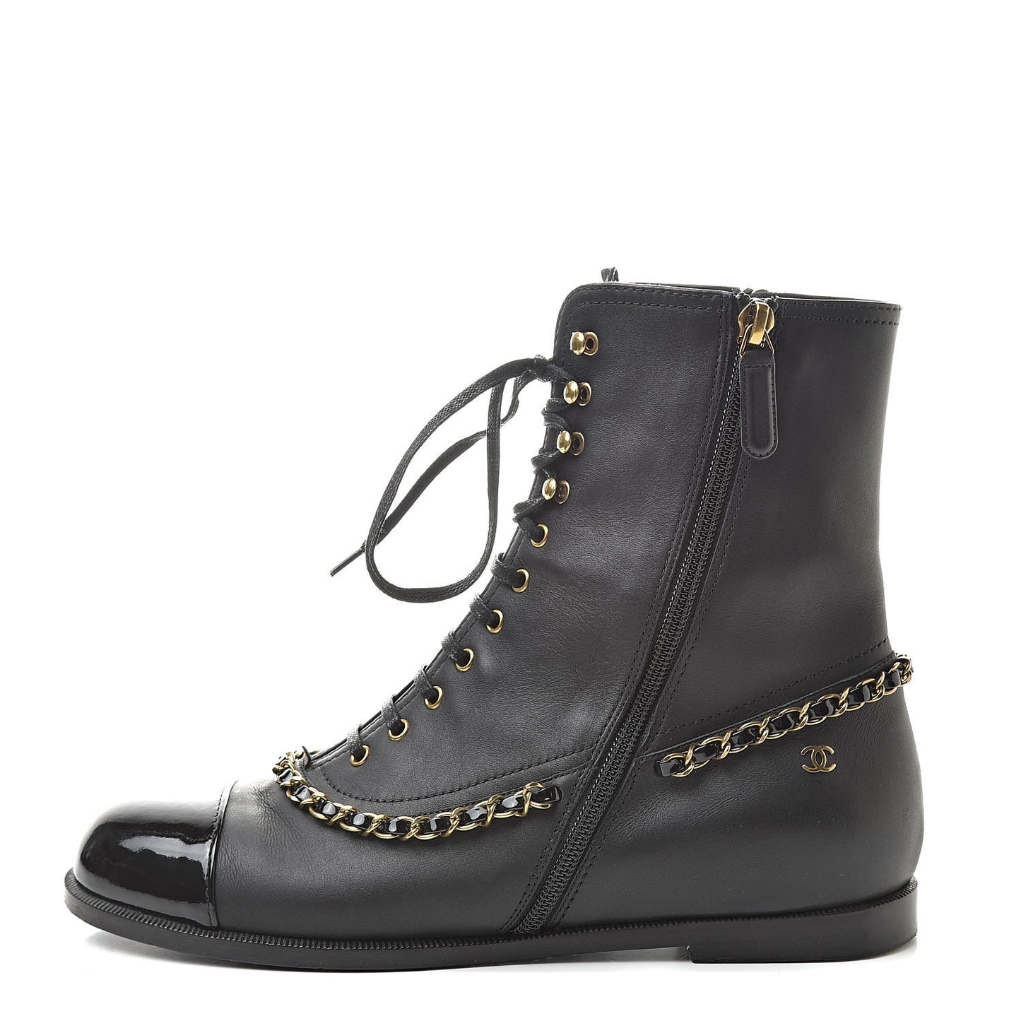 Calfskin Chain Lace Up Boots 38.5 Black