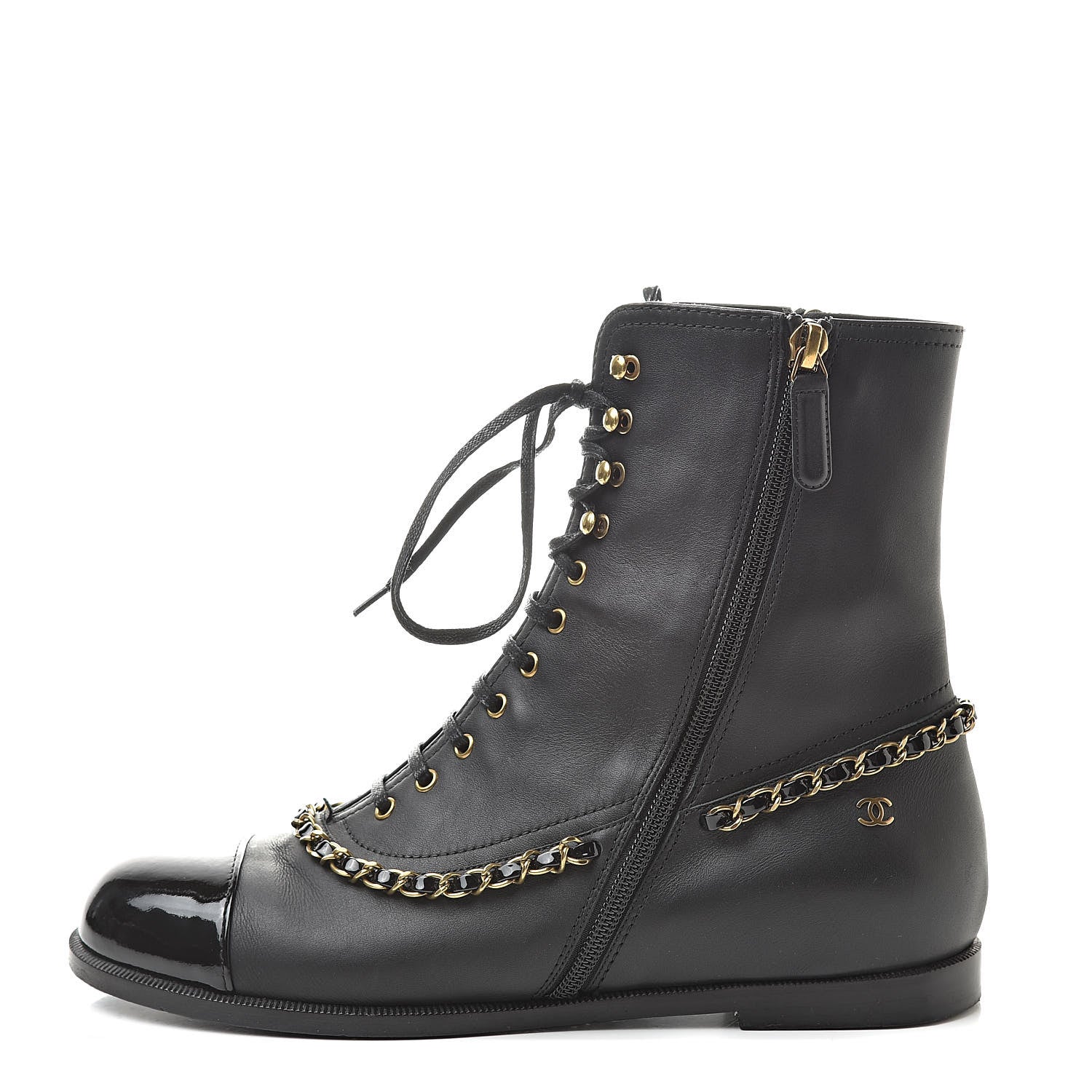 Chanel Calfskin Chain Lace Up Boots 38.5 Black 1 of 12