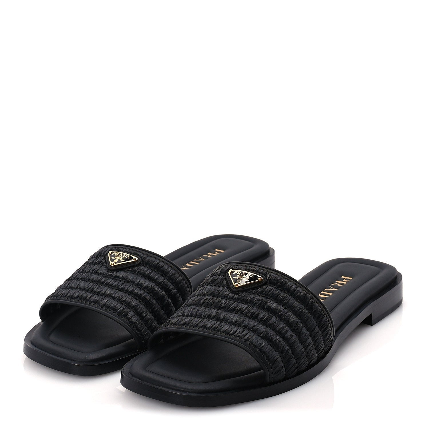 Prada Raffia Metal Triangle Logo 10mm Slide Sandals 39  Black 2 of 8