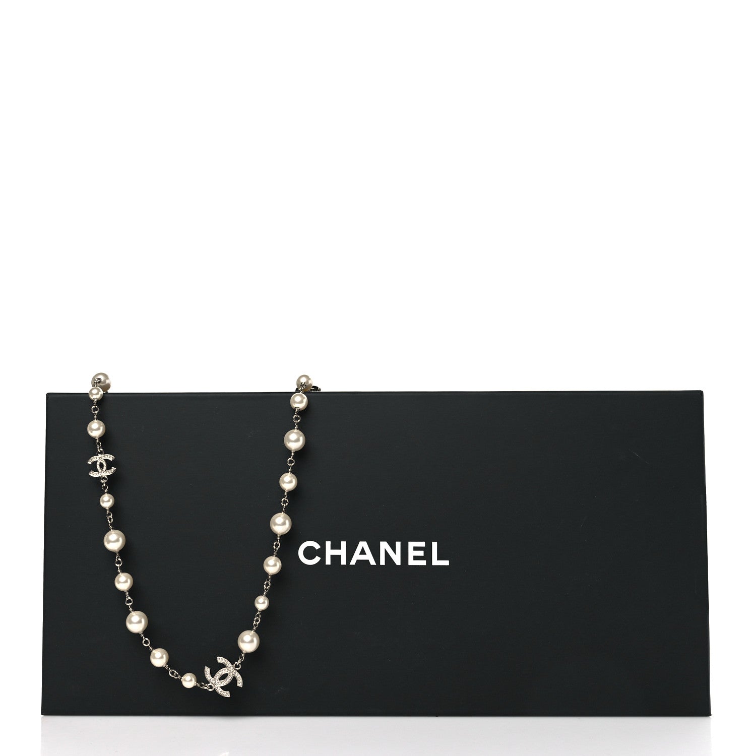 Chanel Graduated Pearl Crystal CC Long Necklace Silver 5 of 5