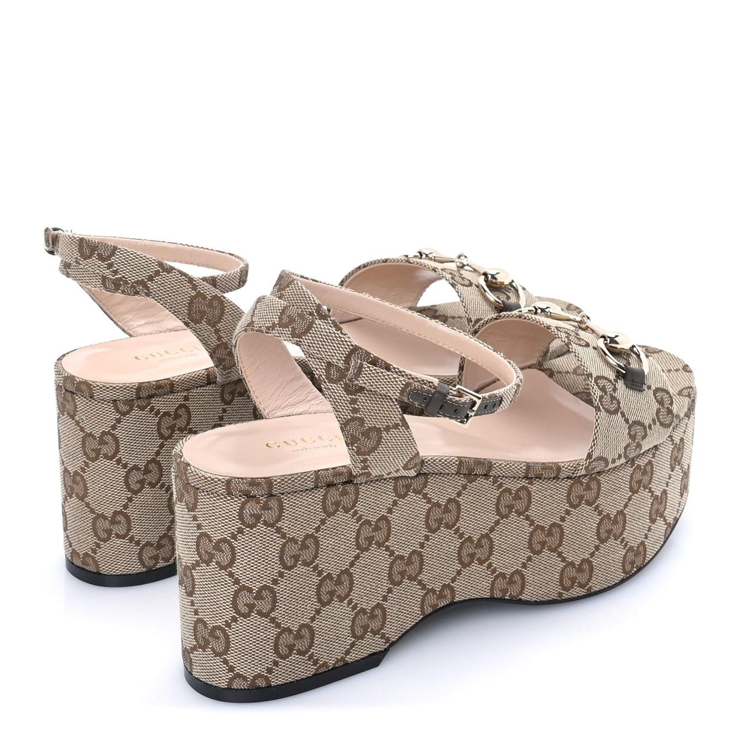 Monogram Nappa Chalotte Horsebit Ankle Strap 75mm Flatform Sandals 37.5  Beige Ebony
