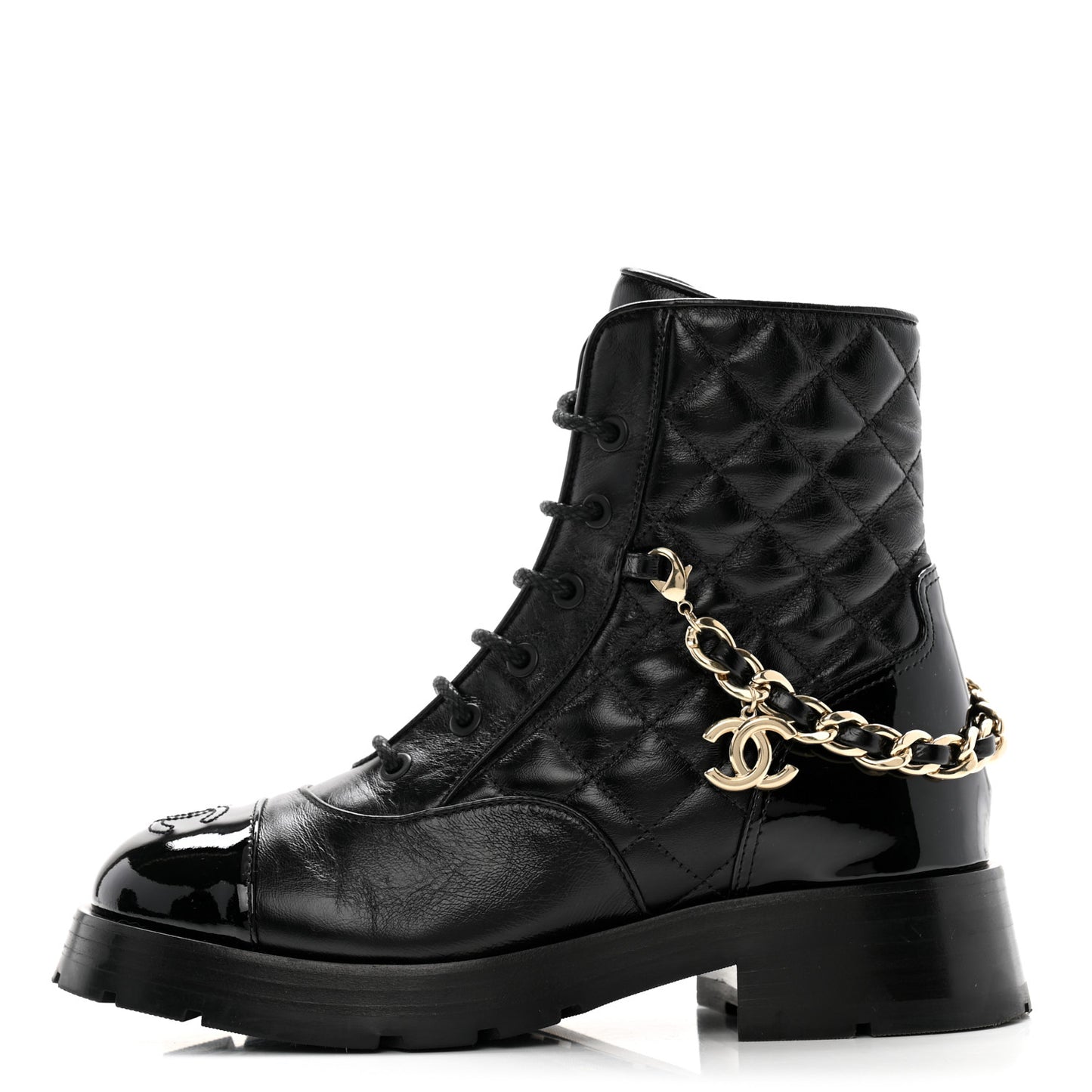 Shiny Calfskin Patent Quilted Chain Lace Up Combat Boots 36 Black