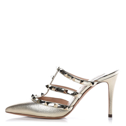 Valentino Garavani Metallic Pebbled Calfskin Rockstud 90mm Cage Mules 37 Platino 1 of 9