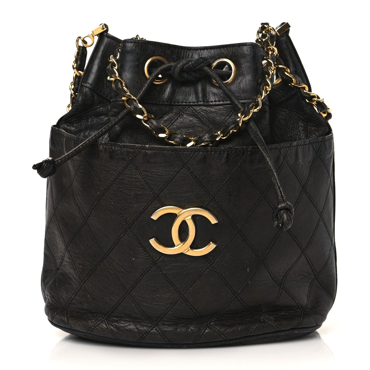 Lambskin Diamond Stitched CC Drawstring Shoulder Bag Black