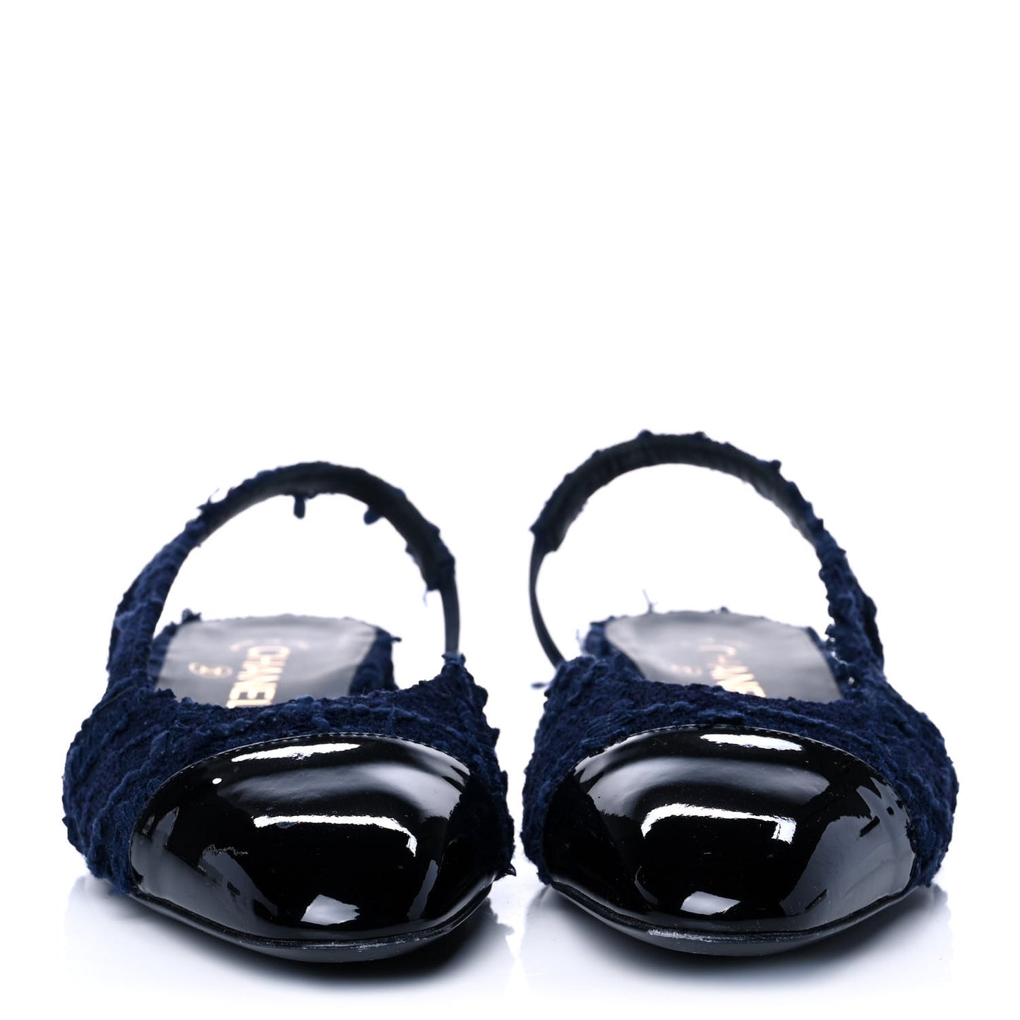 Tweed Patent Cap Toe CC Slingback Flats 38 Navy