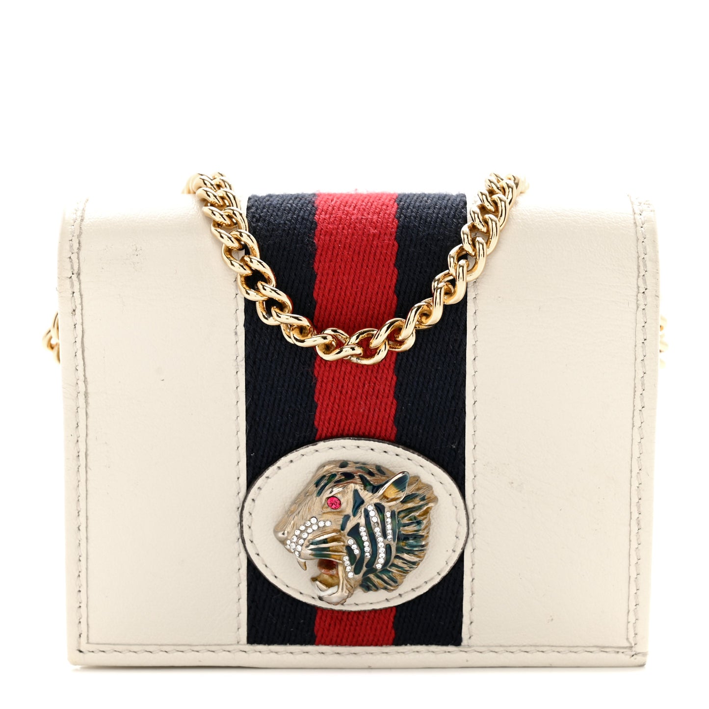 Calfskin Web Rajah Chain Card Case Wallet White