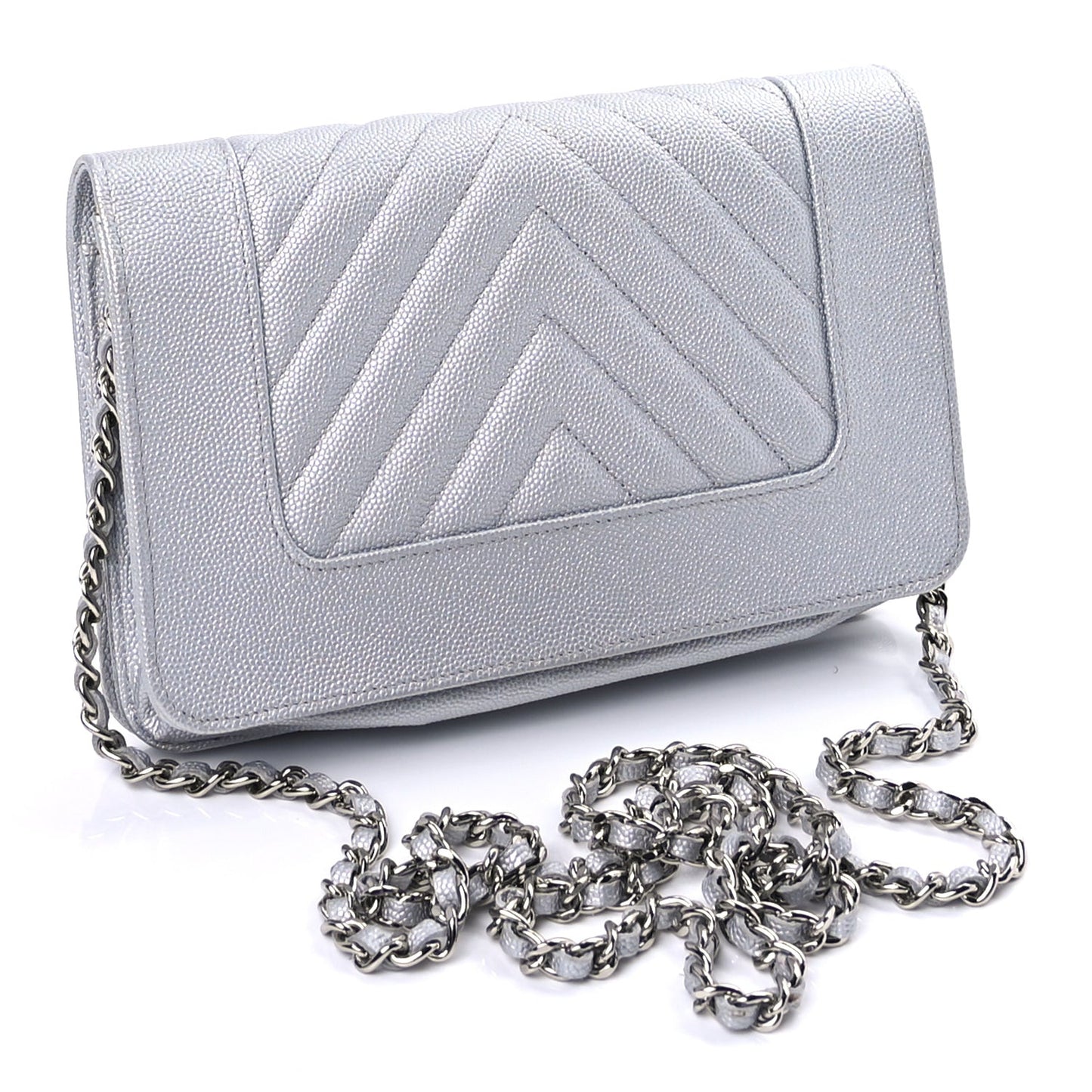 Metallic Caviar Chevron Quilted Vintage Mademoiselle Wallet On Chain WOC Silver