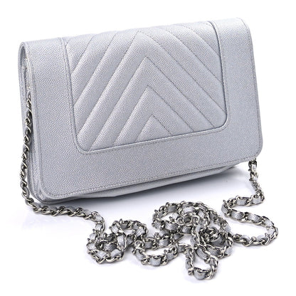 Chanel Metallic Caviar Chevron Quilted Vintage Mademoiselle Wallet On Chain WOC Silver 2 of 8