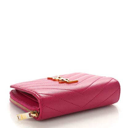 Saint Laurent Grain De Poudre Matelasse Chevron Monogram Compact Zip Around Wallet Fuxia Couture 4 of 10