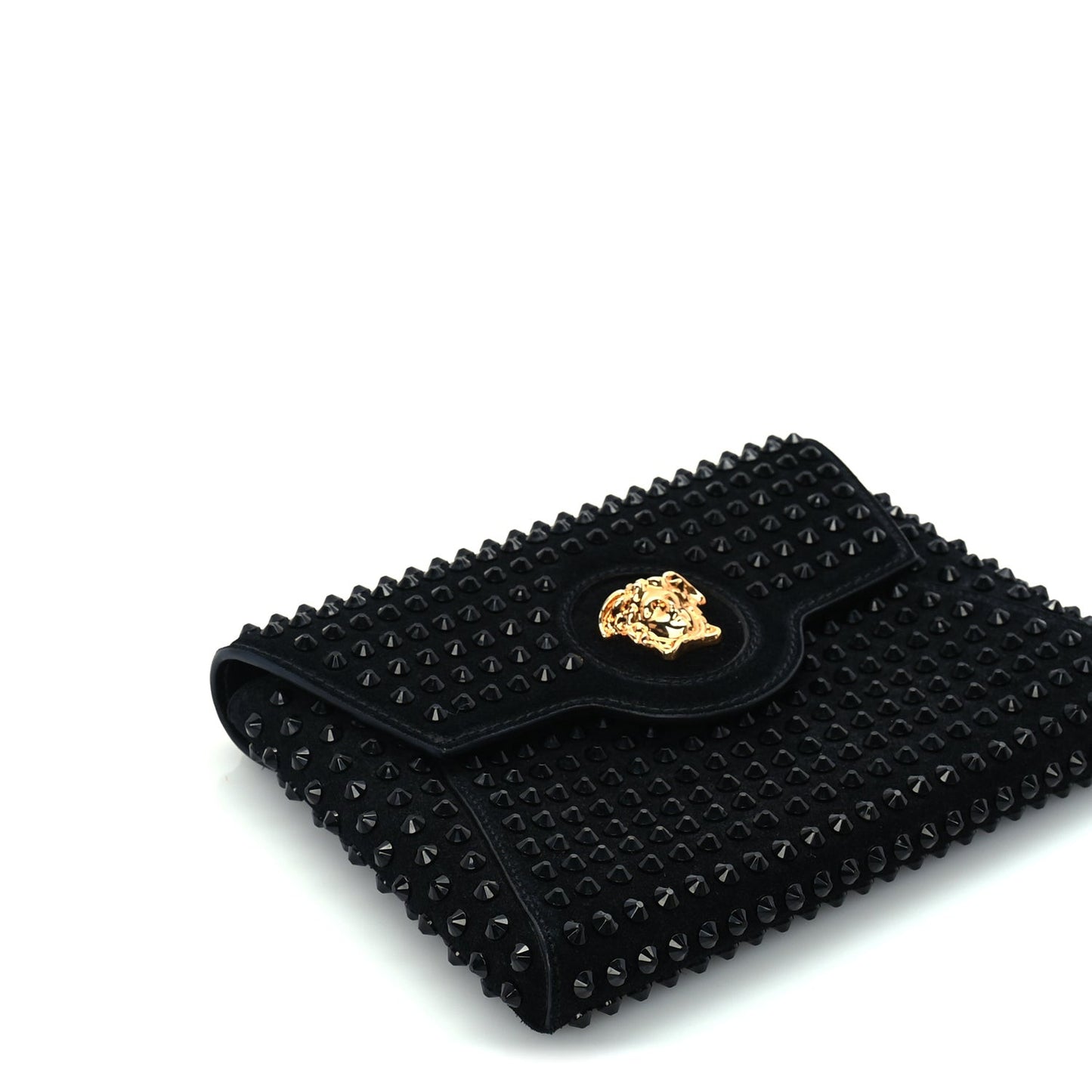 Suede Studded Medusa Chain Clutch Black