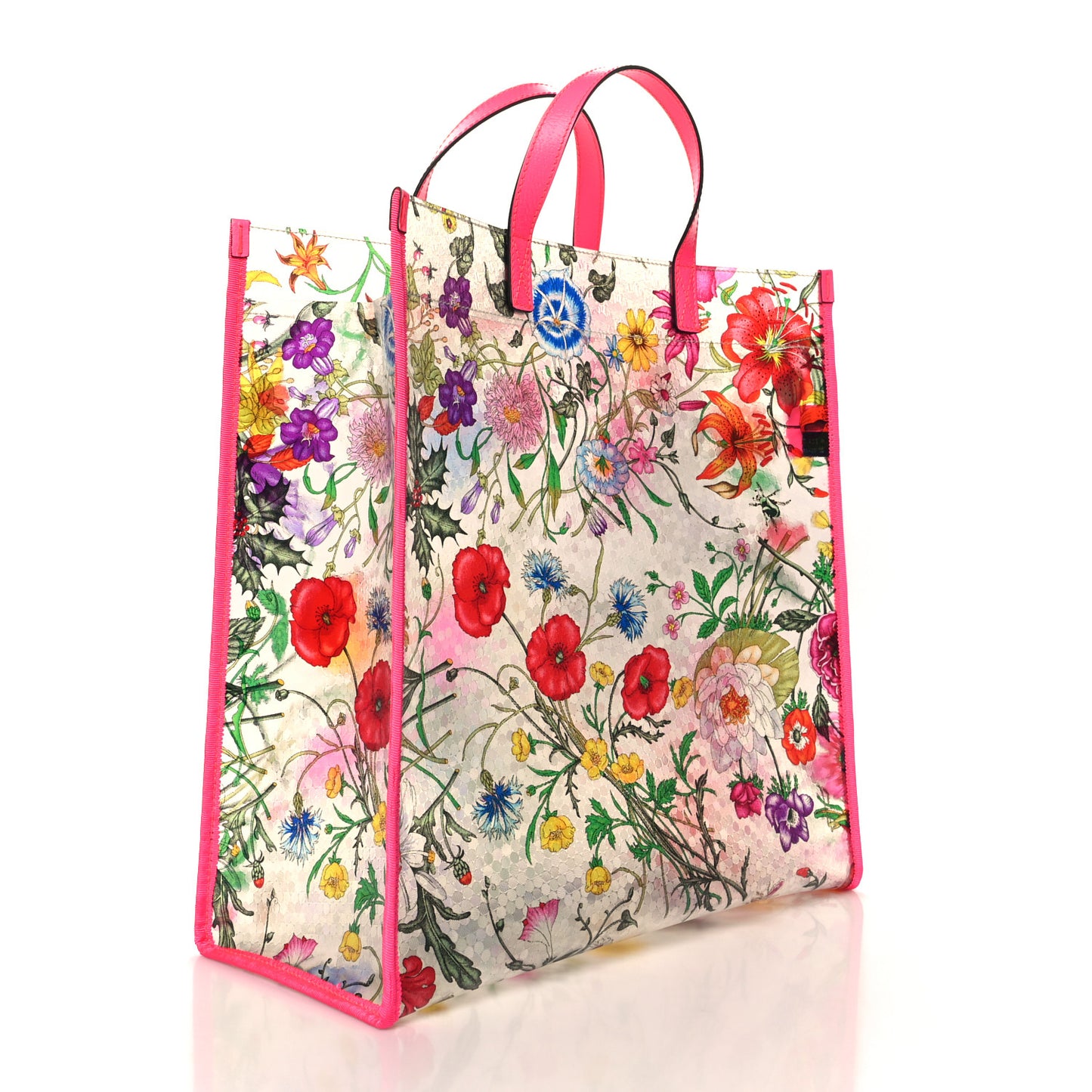 Calfskin Textured Vinyl Print Flora Tote Fluorescent Fuchsia