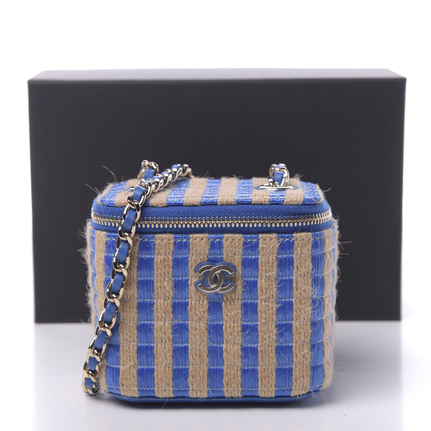 Raffia Jute Striped Mini Vanity Case With Chain Blue Beige
