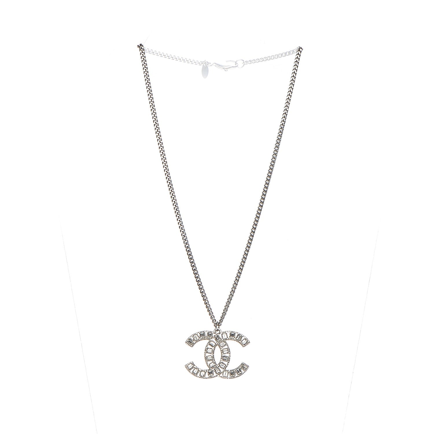 Chanel Baguette Crystal Glitter Large CC Necklace Silver 4 of 5