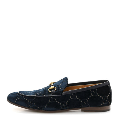 Gucci Velvet GG Monogram Horsebit Mens Jordaan Loafers 8.5 Blue Beige 1 of 7